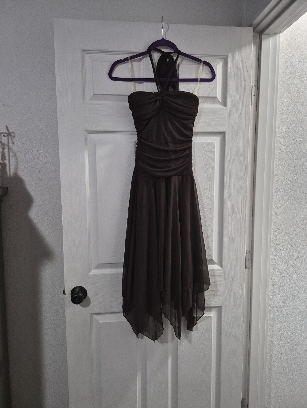Darling Chocolate Brown Halter Handkerchief Hem Dress